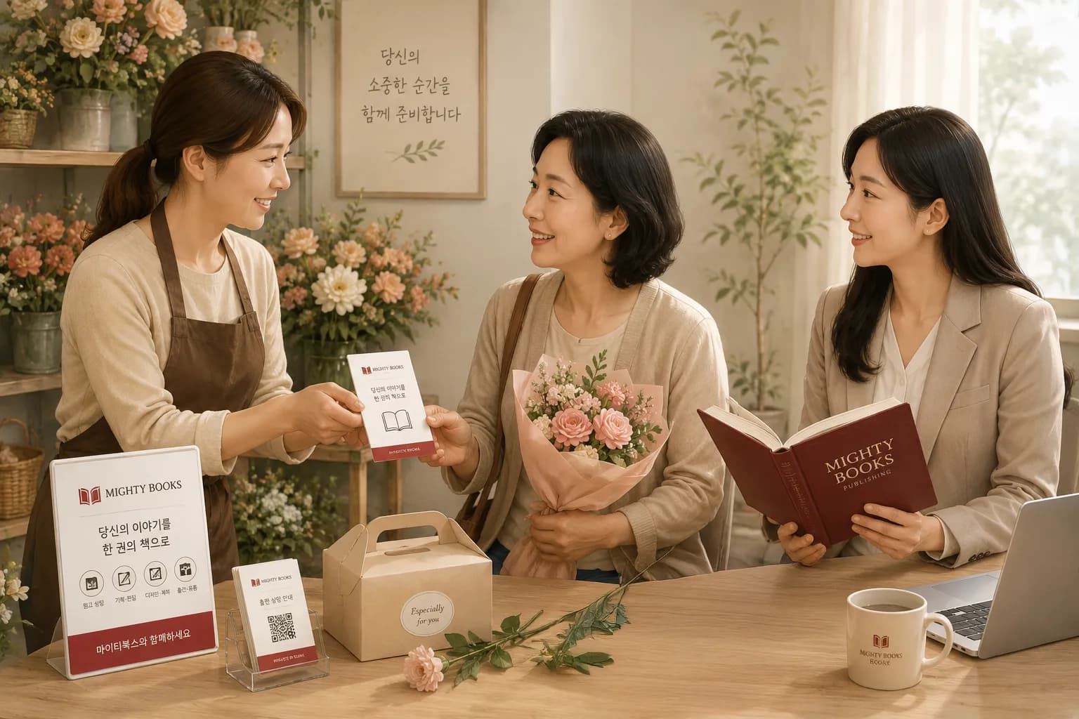 마이티북스와 지역 사업자 파트너가 고객의 출판을 함께 안내하는 모습